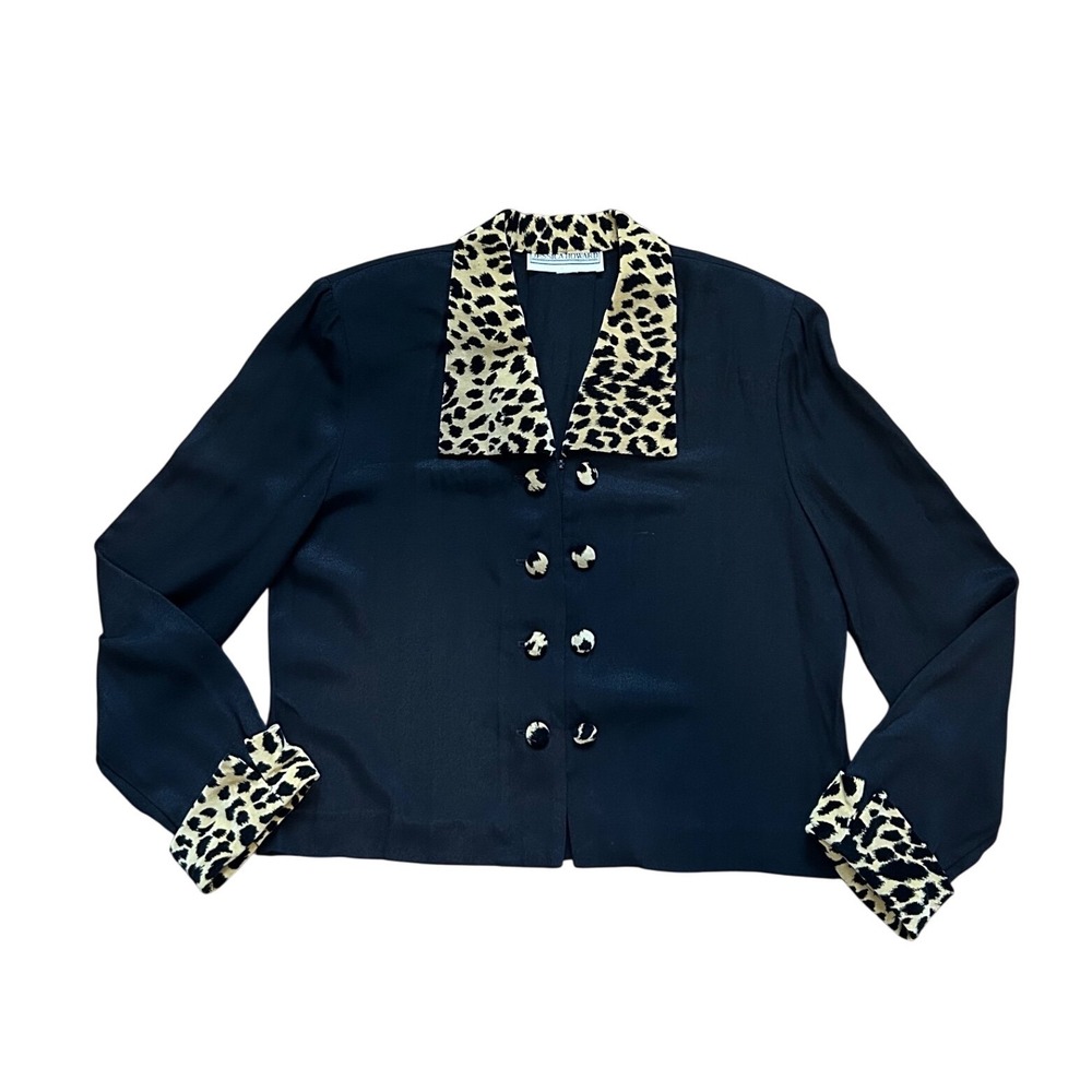 VTG jessica howard black leopard trim button down blazer officesiren cheetah 10‎